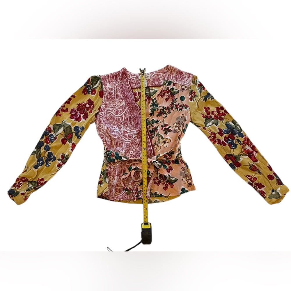 Anthropologie Meadow Rue Floral Patchwork Wrap Blouse - Yellow, Pink, Black - Picture 12 of 16